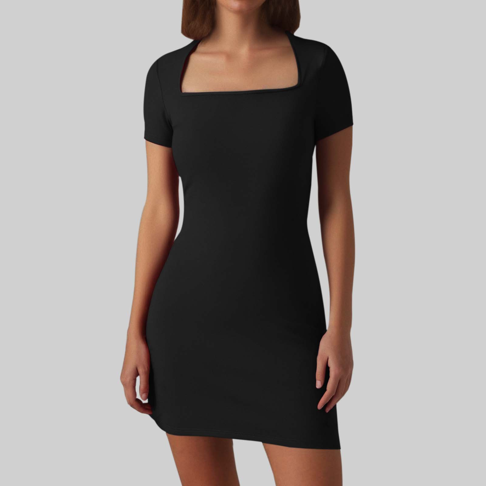 thumbnail image 2 of Vestido de mujer de color liso con cuello cuadrado y manga corta - Corte recto ajustado, estilo retro sexy para fiestas informales - Tallas S-XL, 2 of 5